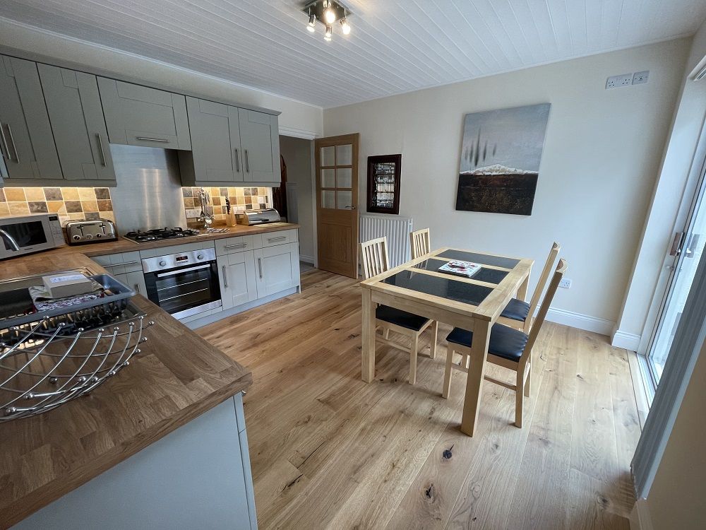 The newly refurbished dining kitchen is fully fitted and very well equipped with hob, oven, fridge, freezer, dishwasher microwave, plenty of crockery and glassware