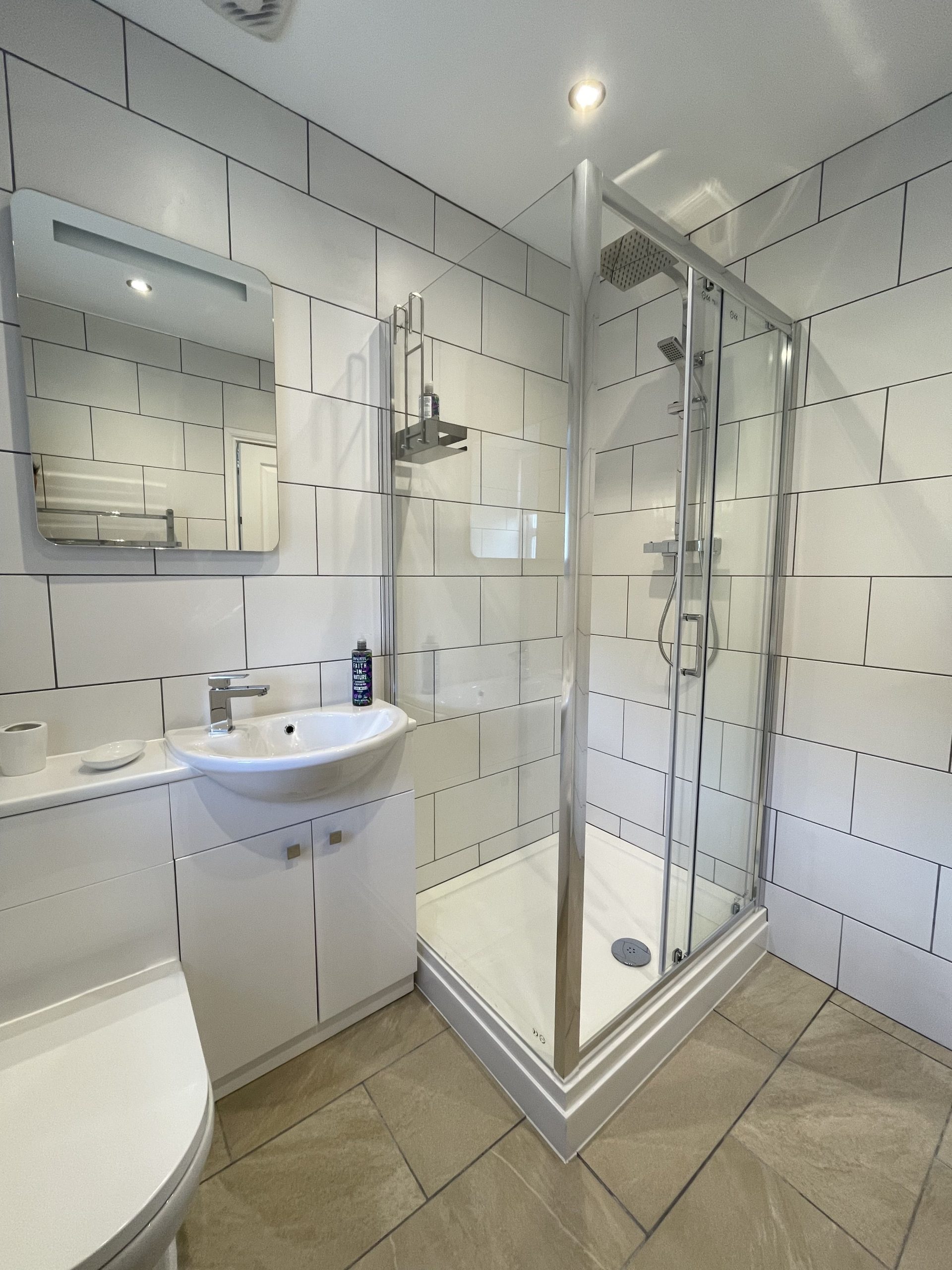 Here you can find a walk in shower, WC and hand basin