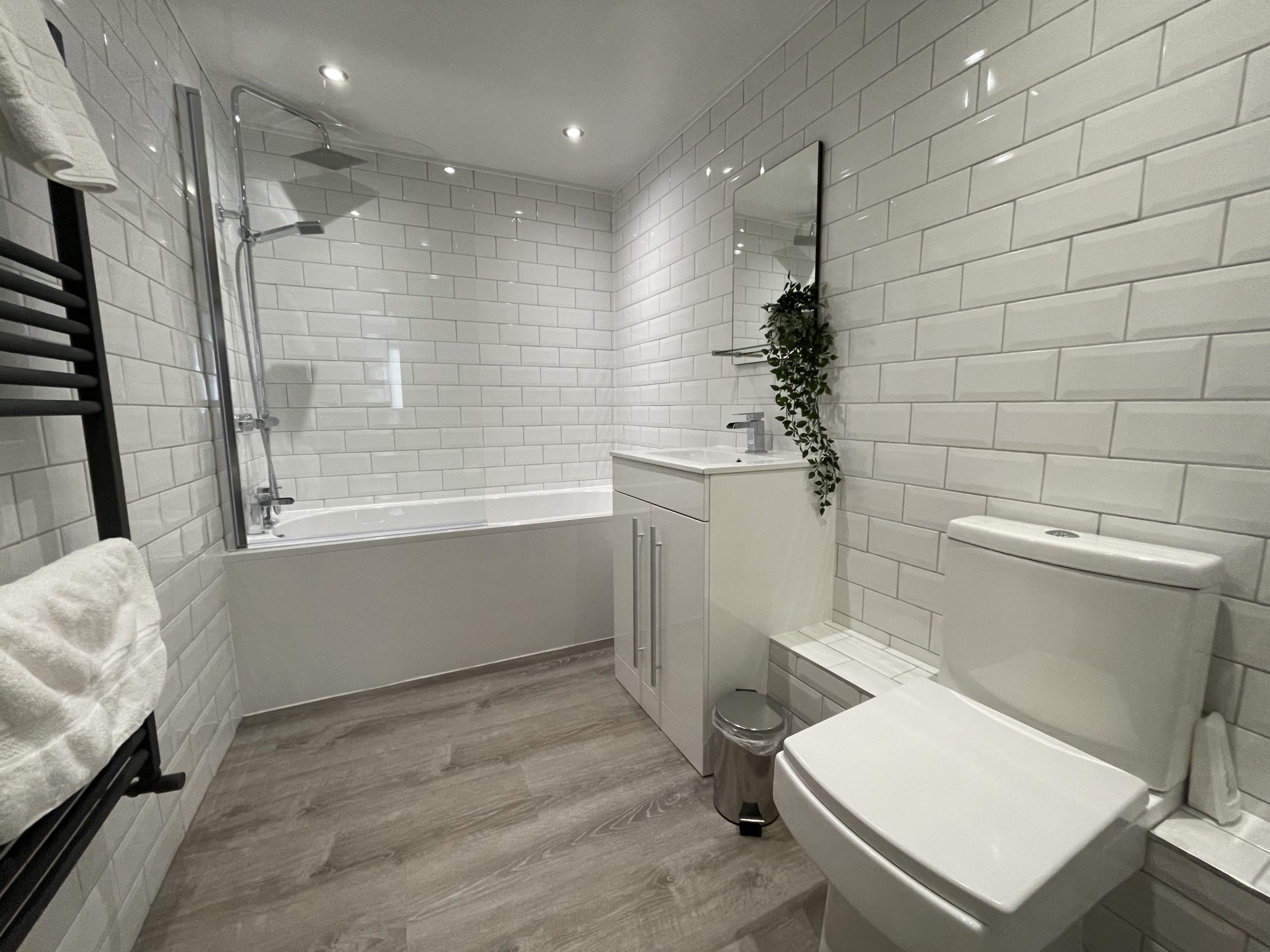 The modern attractive bathroom features a bath with overhead waterfall shower