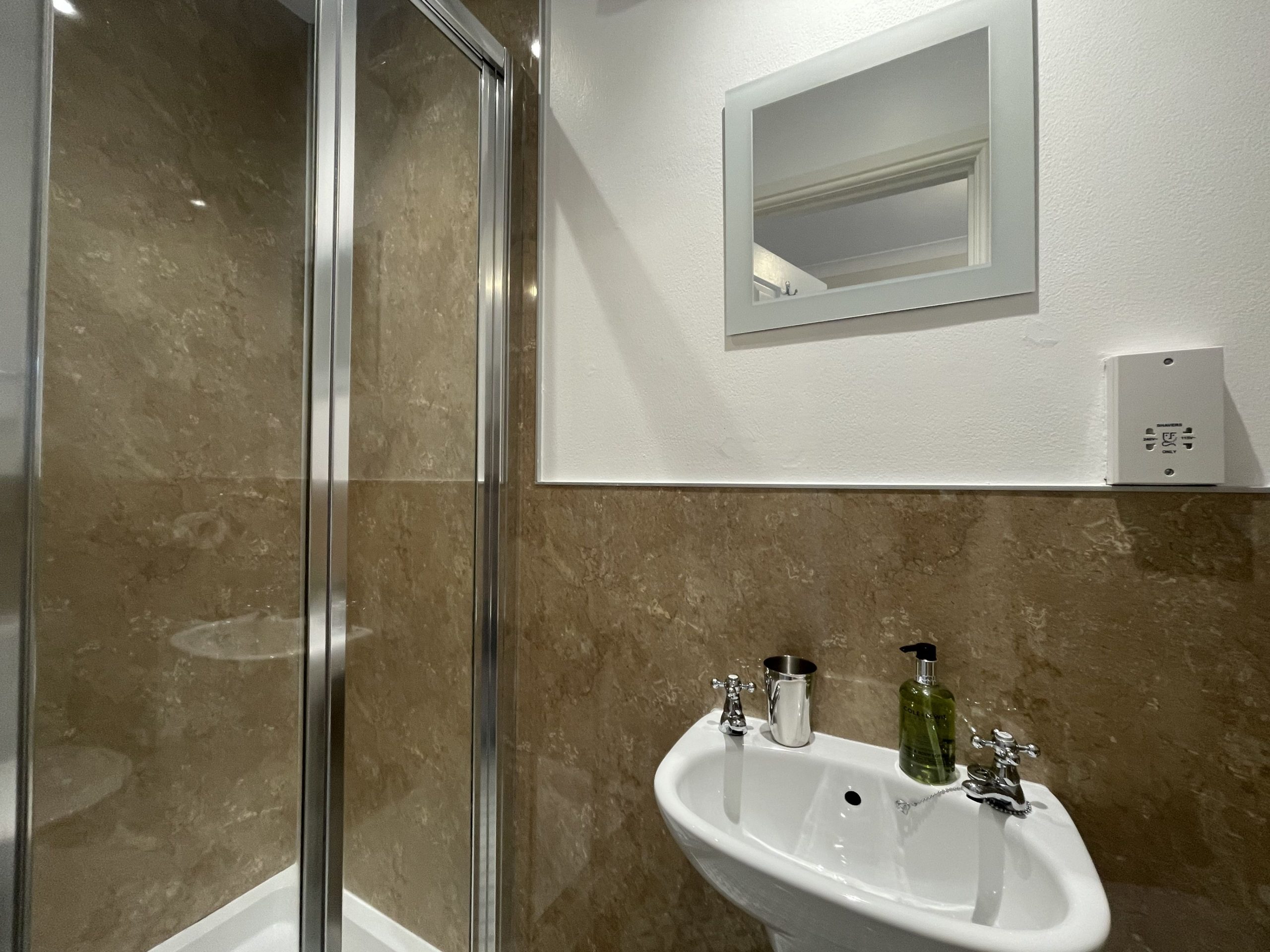 Towels and hand soap are provided