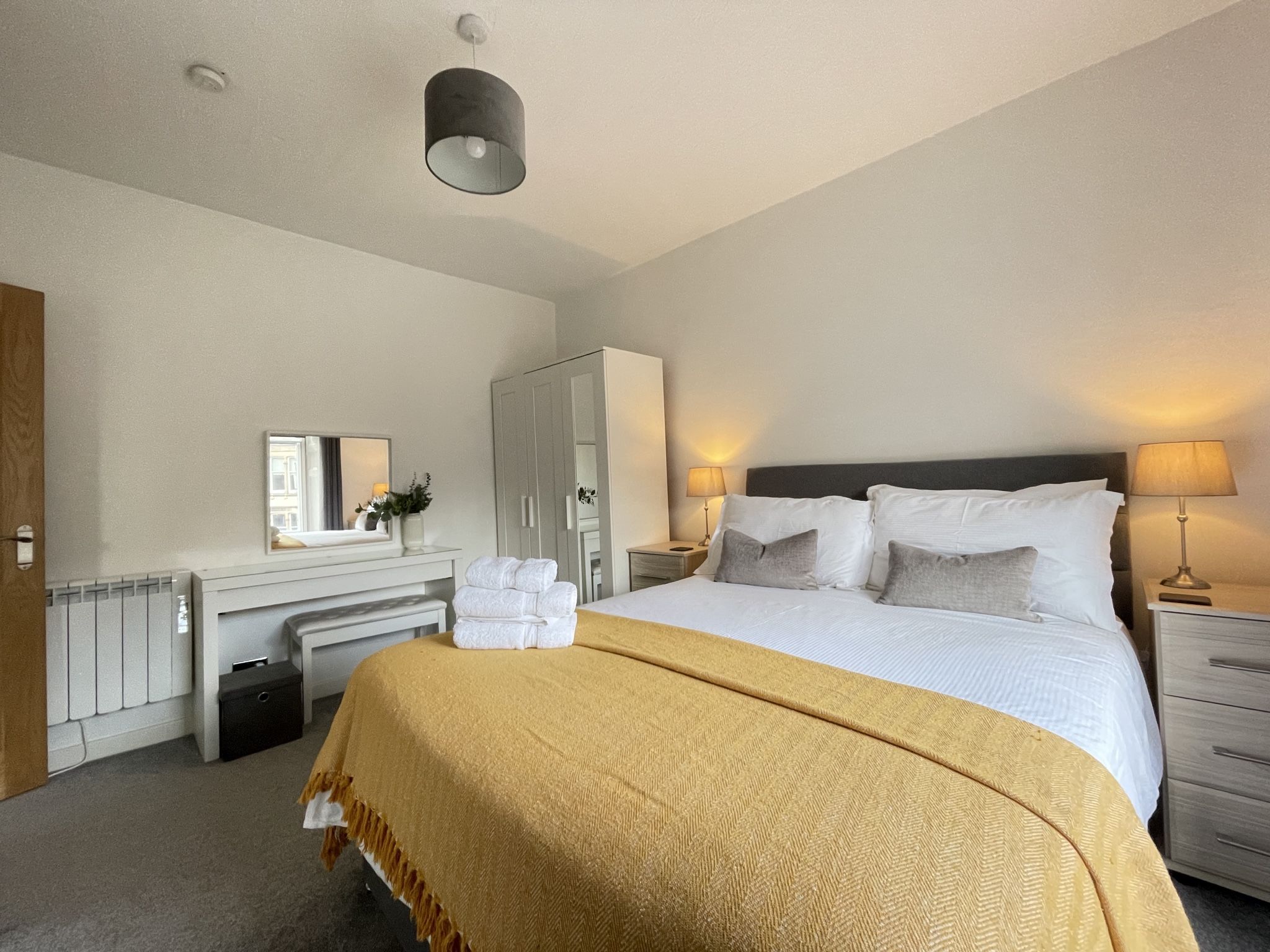 The decor throughout the apartment is modern and stylish