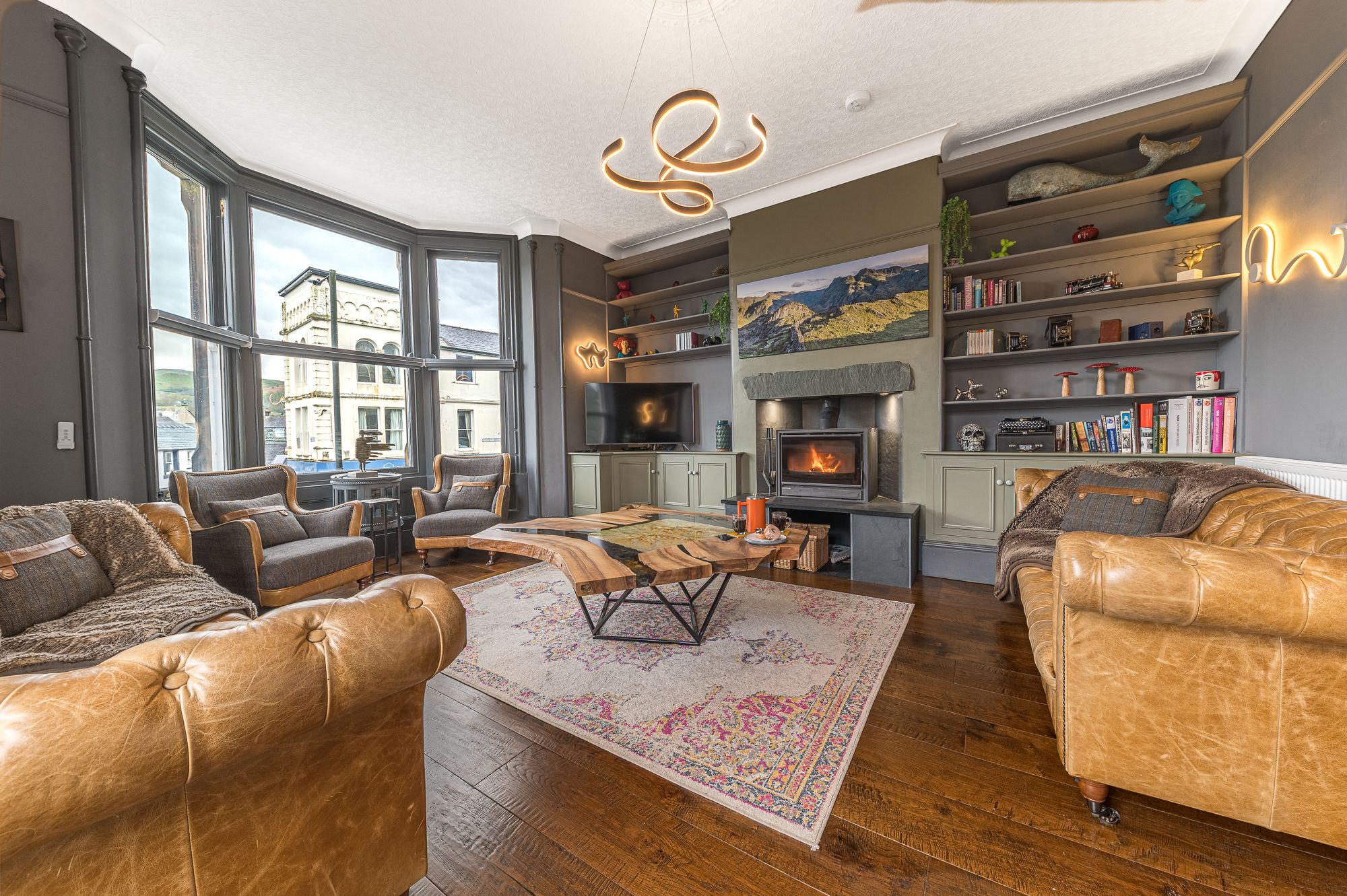 The impressive living area is found on the first floor of the property