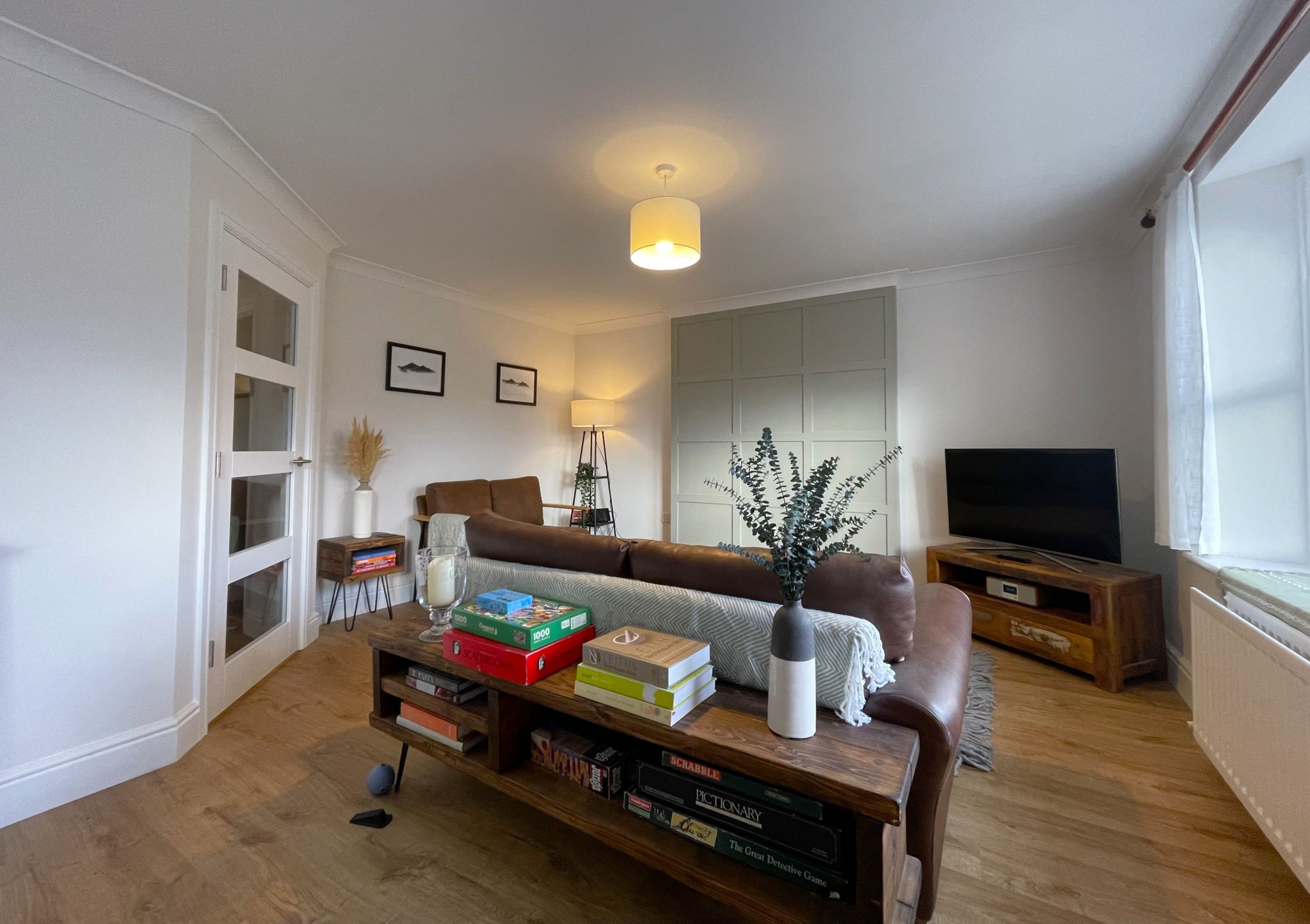 Cookbooks and boardgames are provided, as well as a large smart TV