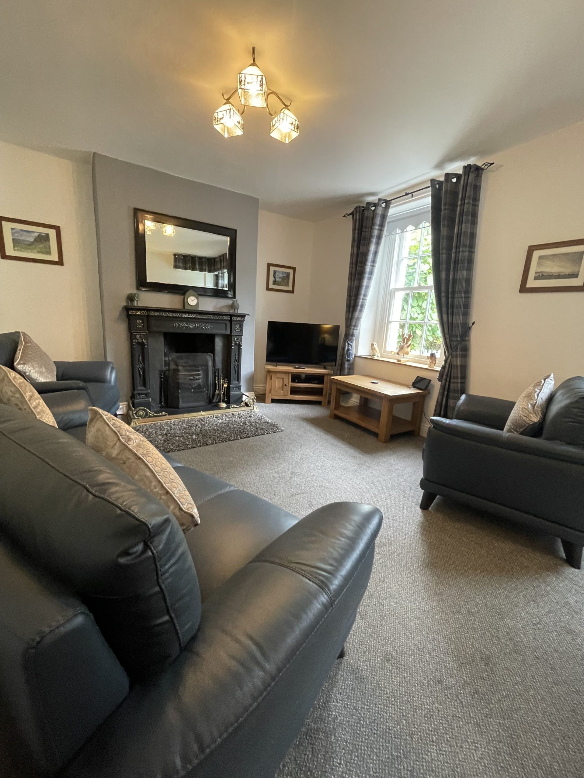 The lounge features an open fire